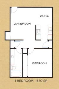 Floor plan for 1 bed, 1 bath, 670 sqft